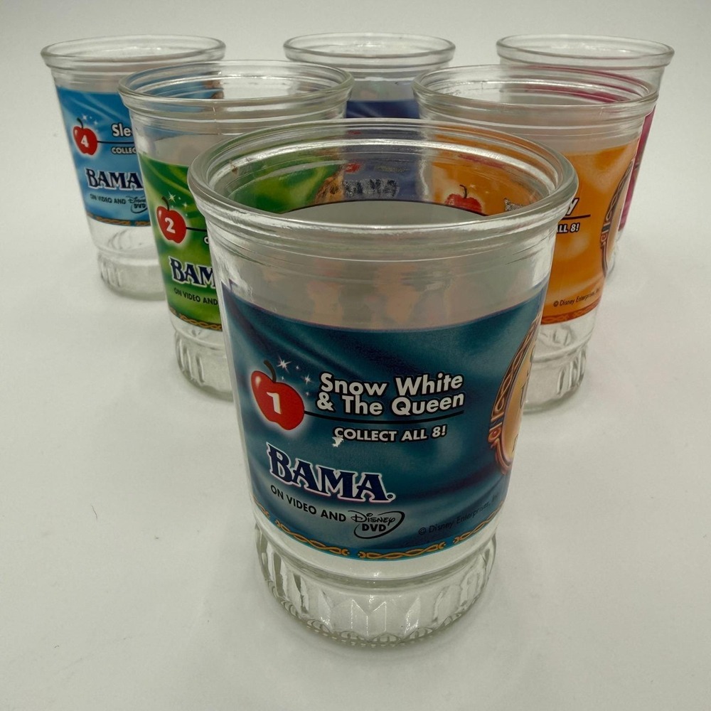 Vintage Set Of 6 Disney Snow White Seven Dwarfs Bama Jelly Jars Glasses 1-6 EUC